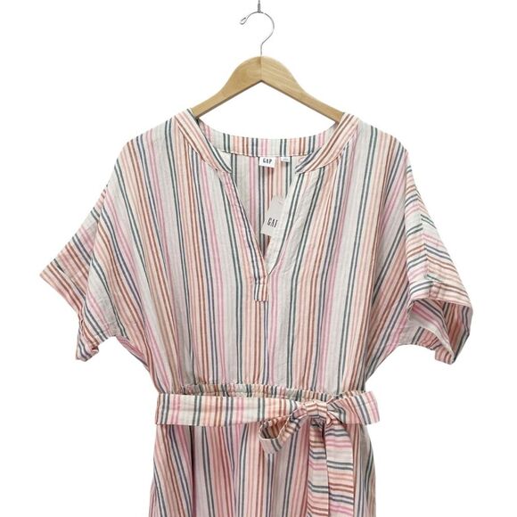NWT Gap Linen Blend Striped Midi Dress Belted V-Neck Short Sleeve Size 14 Tall - Picture 6 of 11